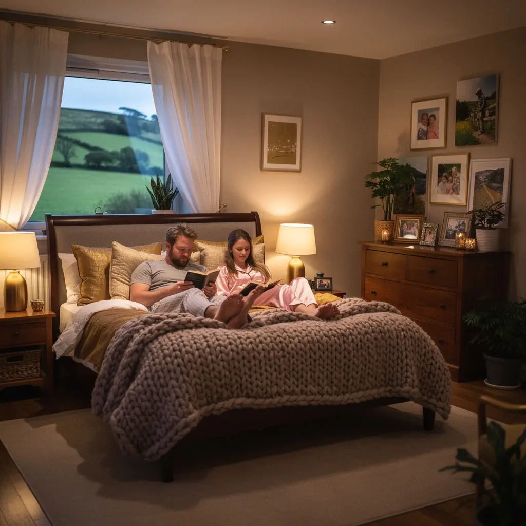 Stylish bedroom adorned with earth-toned bedding, elegant furniture, and natural materials, promoting relaxation.